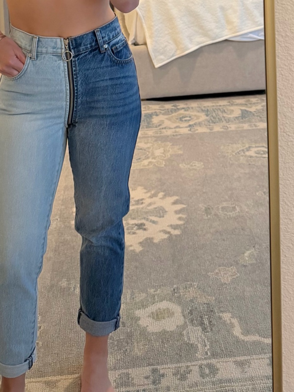 REVICE Two-Tone High-Rise Zip-Front Boyfriend Jeans - Light Blue & Dark Blue